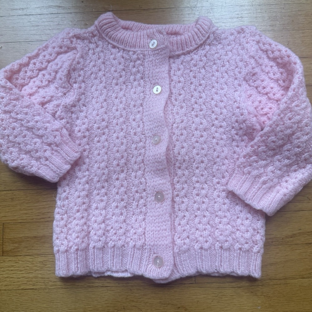 Vtg Pink Knit Cardigan Sweater Baby Girl 6-12 Months Button Up Sweet Cottagecore